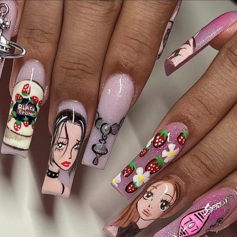 Nail Art Strawberry - Kadınlar için orta uzunlukta takma tırnaklar,