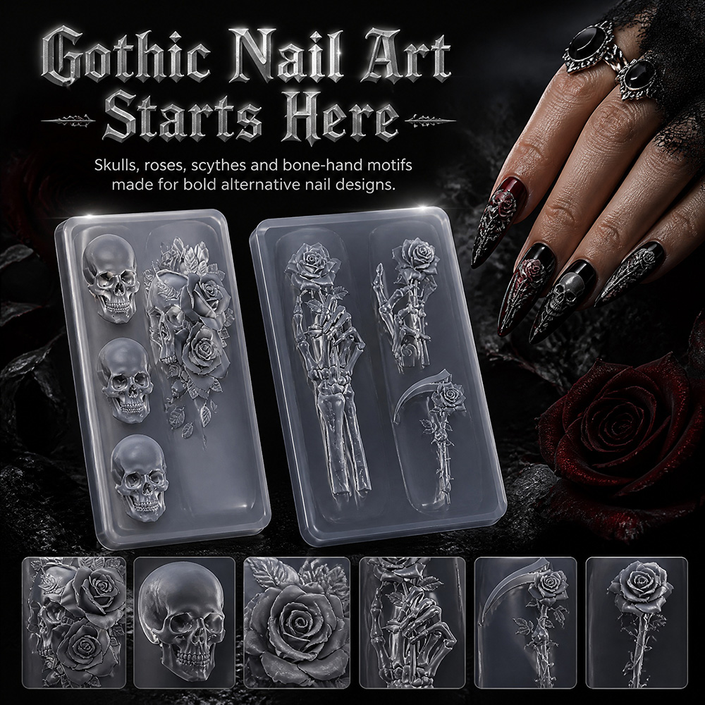 Nail Art Gothic - 2 Parça Set Koyu Gül Kafatası