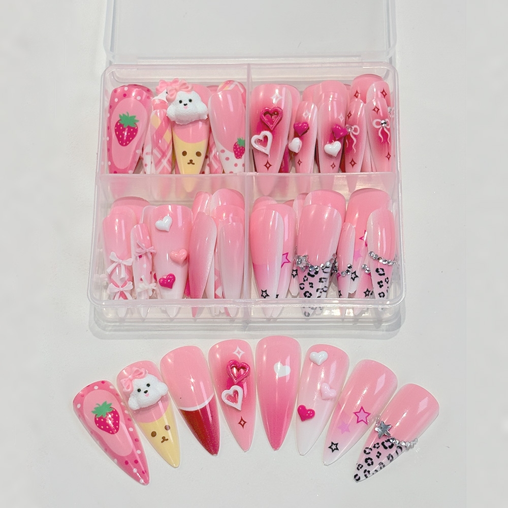 Nail Art Strawberry - 96 Adet Pembe Uzun Stiletto Takma